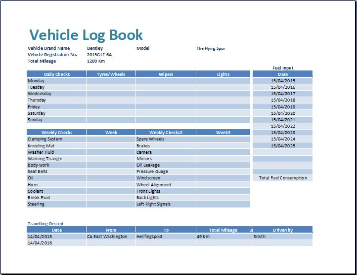 Vehicle Mileage Log Book Template Download