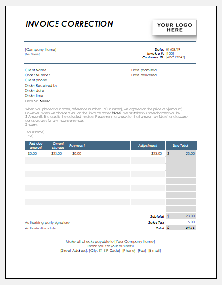 Corrected invoice letter