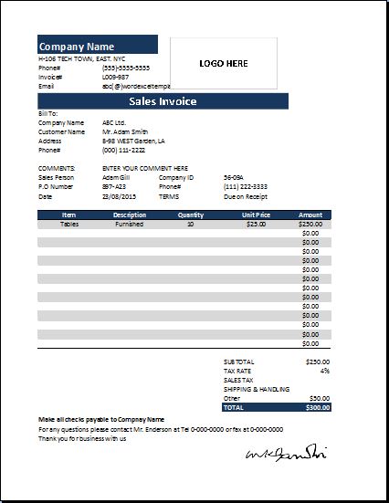 Ms Excel Sales Invoice Template Word And Excel Templates