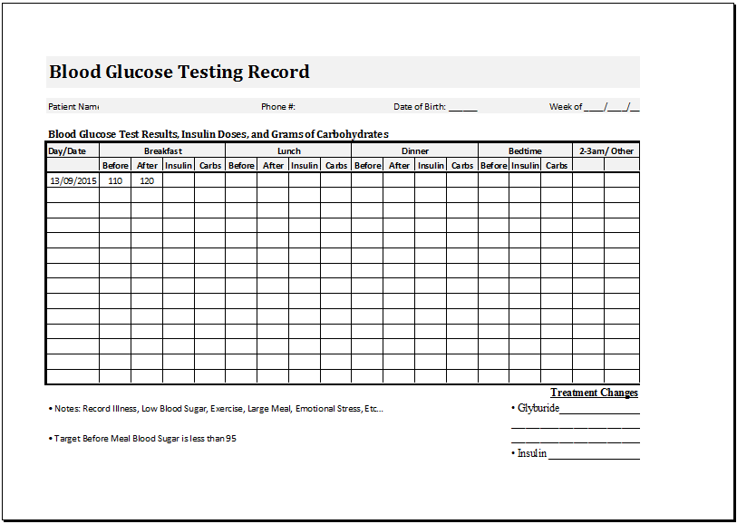 Blood Glucose Testing Record Sheet Template  Word amp; Excel Templates