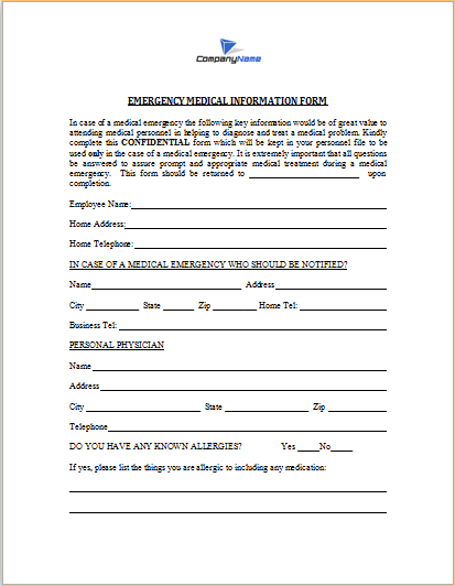 Emergency Medical Information Form | Word & Excel Templates