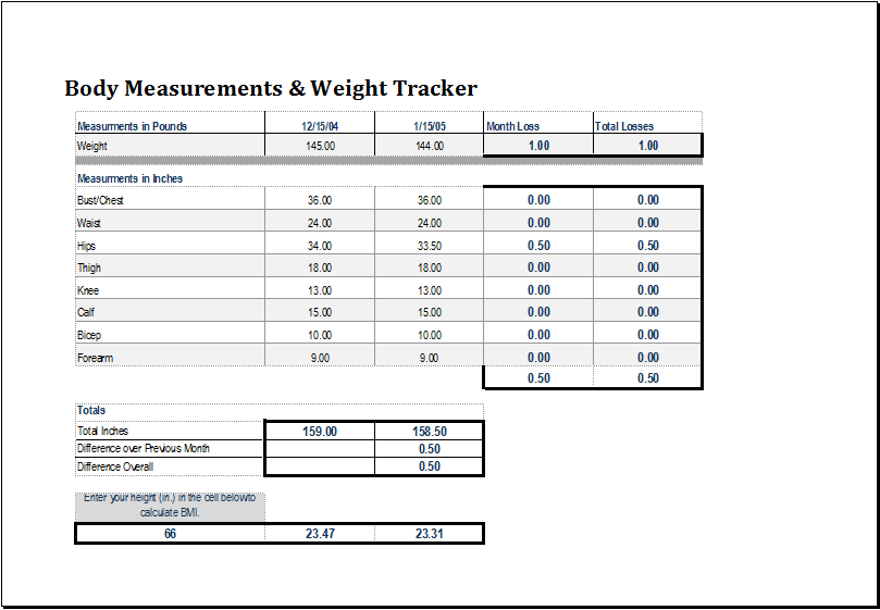 Body Measurement And Weight Tracker Word Excel Templates