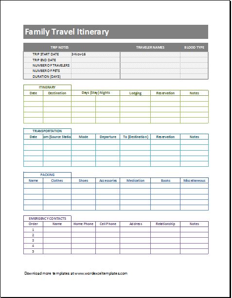 Family Trip Itinerary Template