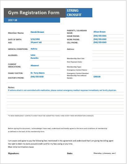 Gym Registration Forms For MS Word Excel Word Excel Templates