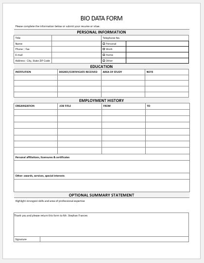 Bio Data Form Templates for MS Word  Word & Excel Templates