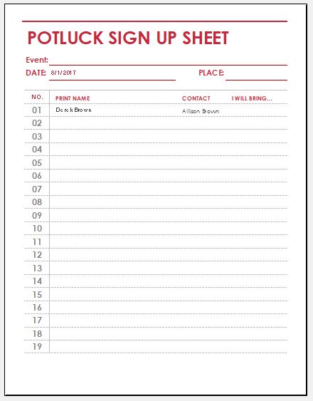 Potluck Sign Up Sheet Templates For Excel Word Excel Templates