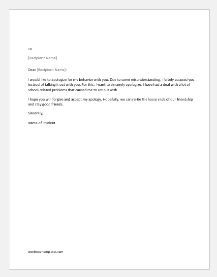 Apology letter for bad behavior with a class fellow