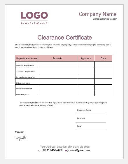 Employee clearance certificate