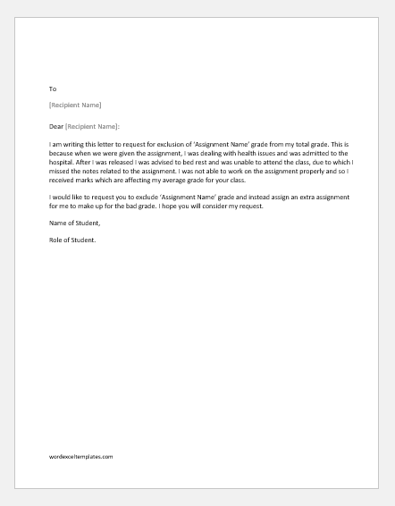 Letter to the professor to exclude grade of an assignment
