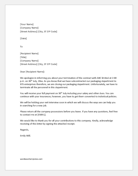 Notification Letter from Employer for End of Contract