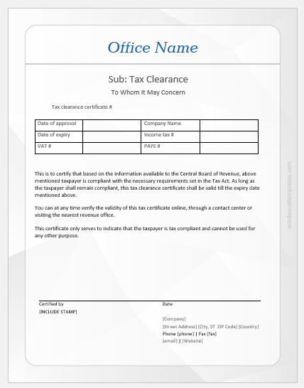 Tax clearance certificate template