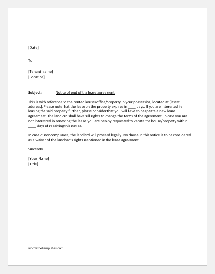 End of lease notification letter to the tenant