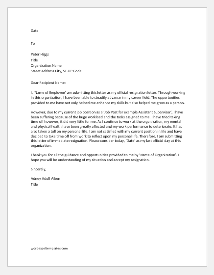 Immediate resignation letter due to stress