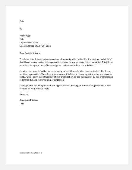 Immediate resignation letter for getting new job