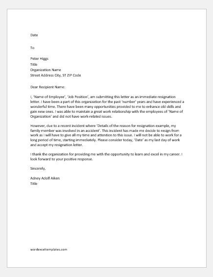 Immediate resignation letter for personal reason
