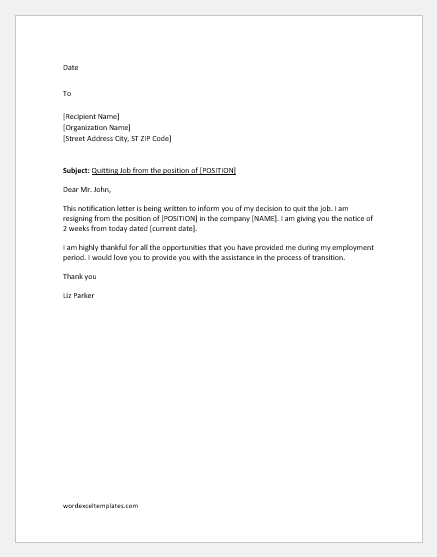 Notification letter to quit a job