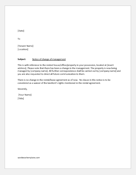 Notification letter to tenant for the change of management