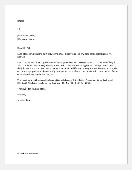 Sample Authorization Letter to Collect Certificate