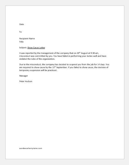 Sample show cause letter to an employee