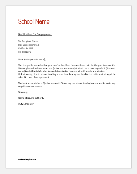 Letter To Parents For Fee Payment Word Excel Templates