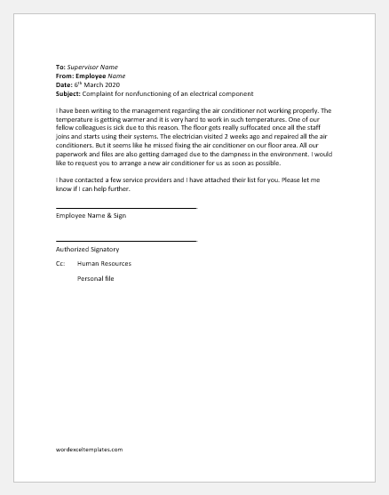 Complaint letter about air conditioner not working in office