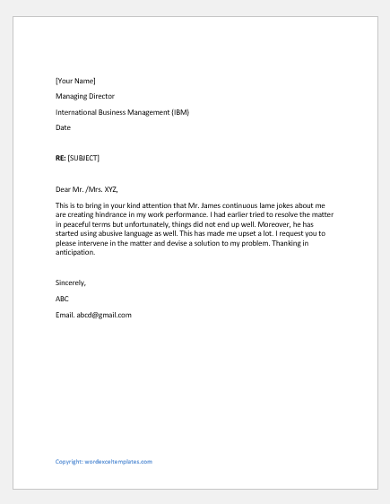 Complaint Letters to Supervisor for Various Reasons | Word ...