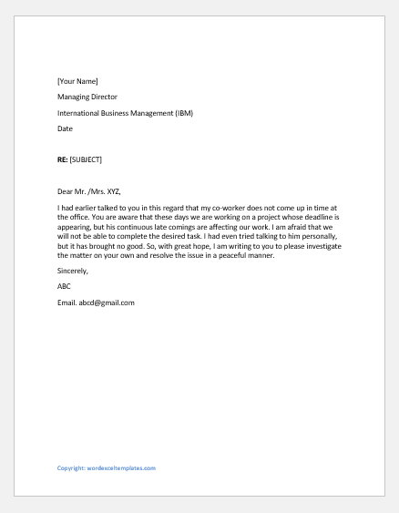 Complaint letter to supervisor against a coworker