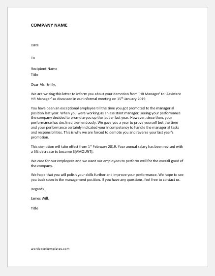 Demotion Letter due to Bad Performance