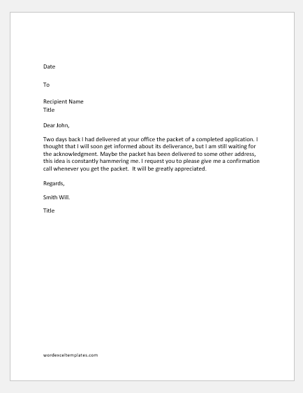 Letter Requesting Confirmation Receipt of a Parcel
