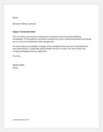 Termination Letter for Misbehavior with Management