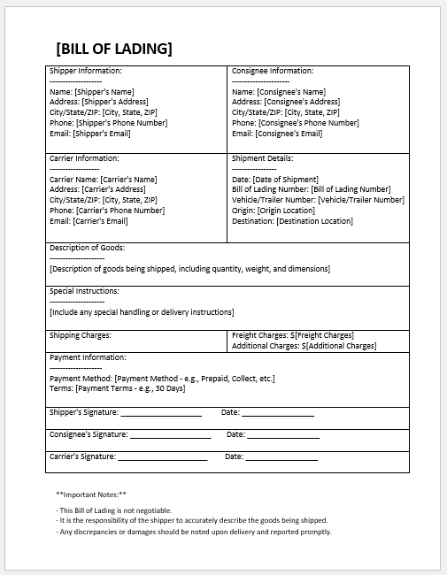 Bill of lading template