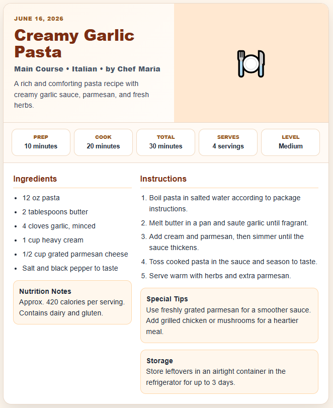Cooking Recipe Card Generator