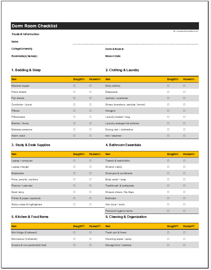 Dorm Room Checklist Template
