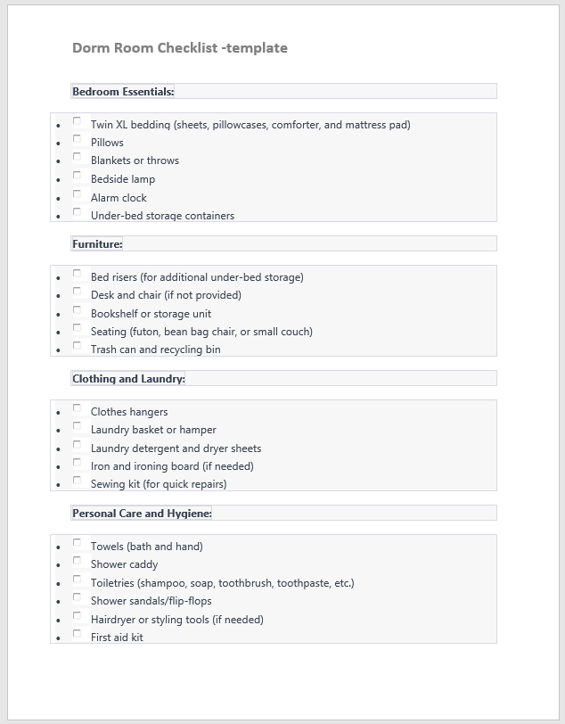 Dorm room checklist template