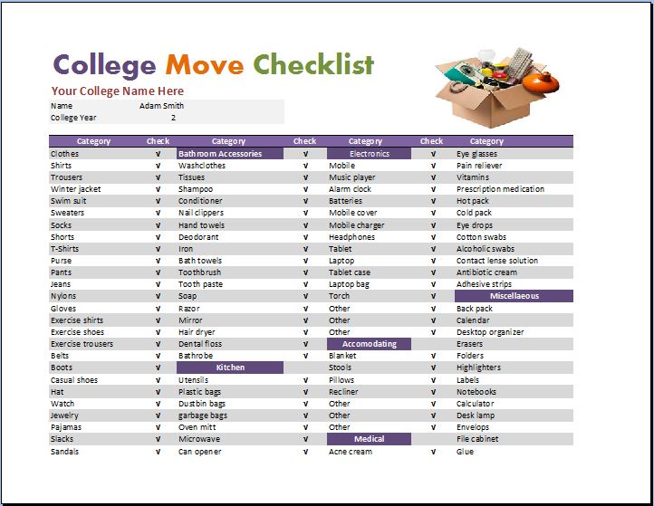 Dorm Room Checklist Template