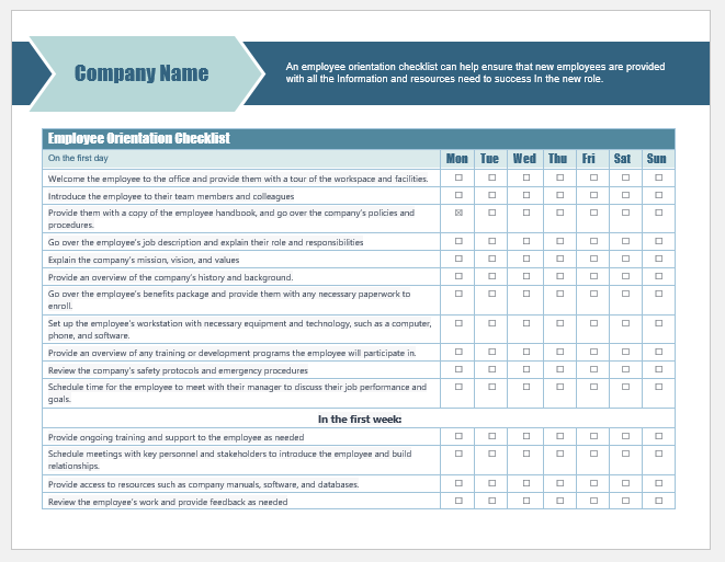 Employee Orientation Checklist Template