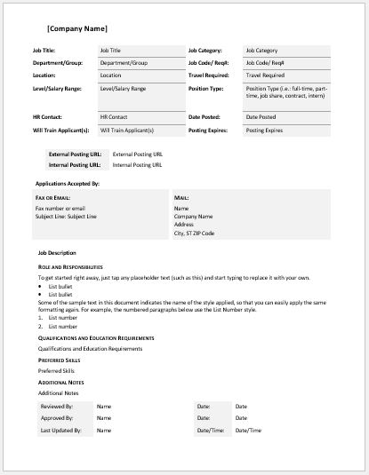 General Job Description layout Template