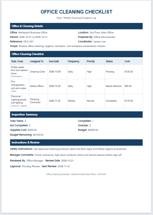 Office Cleaning Checklist Template