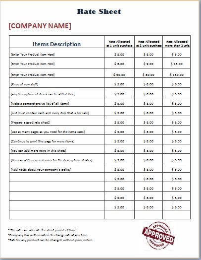 Official Design Rate Sheet Template