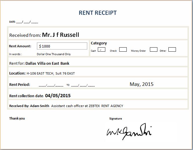 Printable Rent Receipt Template