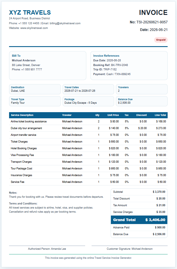 Travel Service Invoice Generator