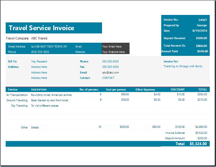 MS Excel Travel Service Invoice Template