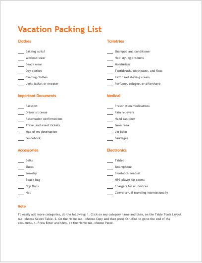 Vacation Packing List