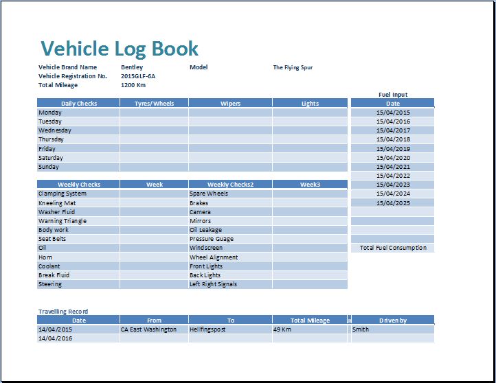 MS Excel Vehicle Log Book Template