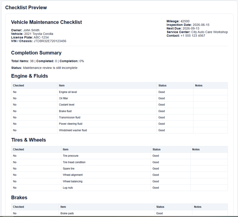 Vehicle Maintenance Checklist