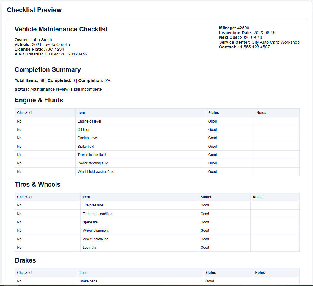 Vehicle Maintenance Checklist