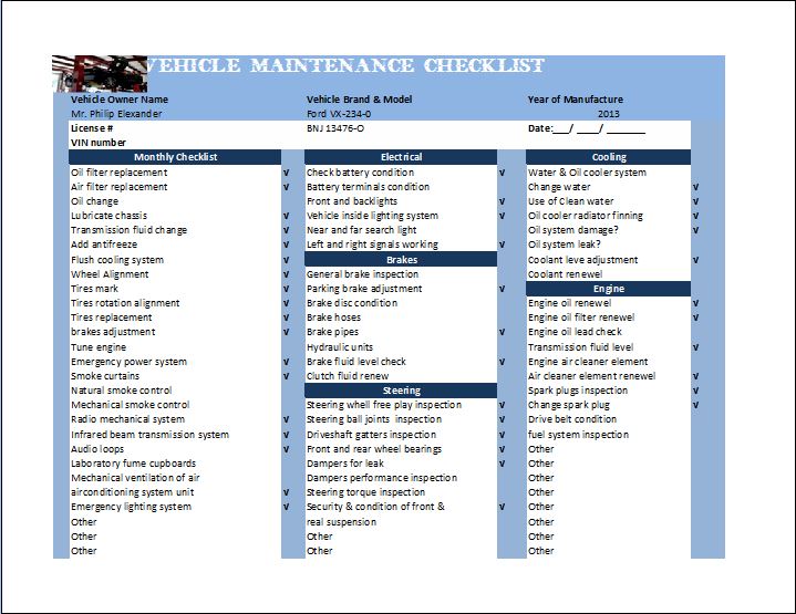 General Vehicle Maintenance Checklist