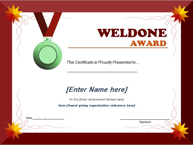 Well Done Award Certificate Template