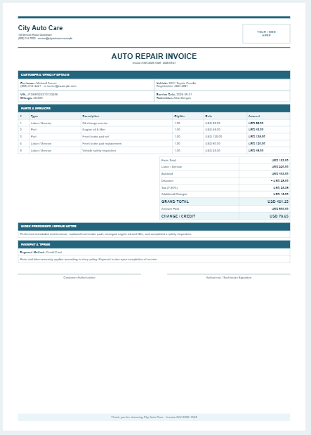Auto Repair Invoice Generator
