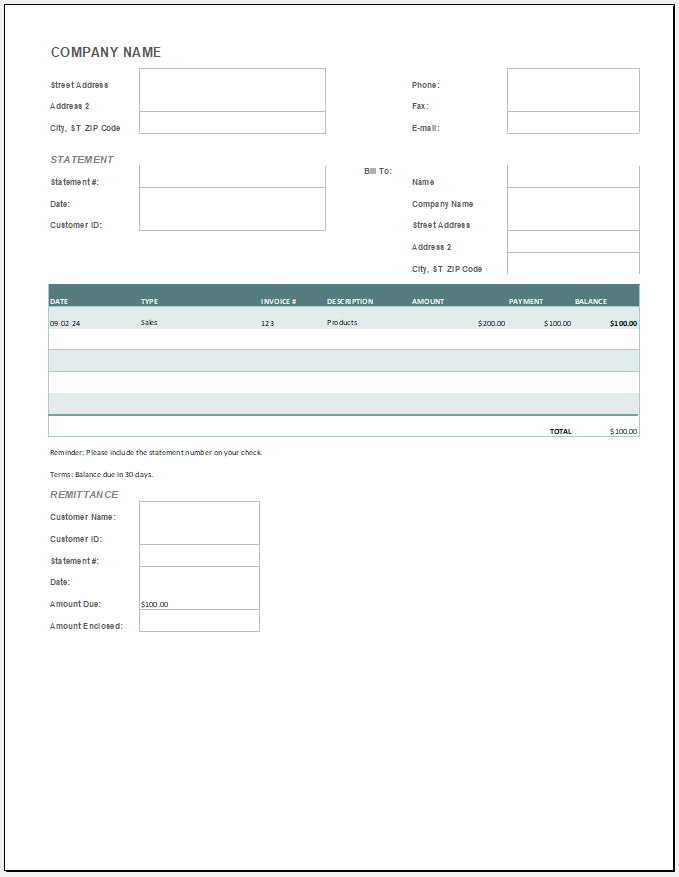 Billing statement invoice template